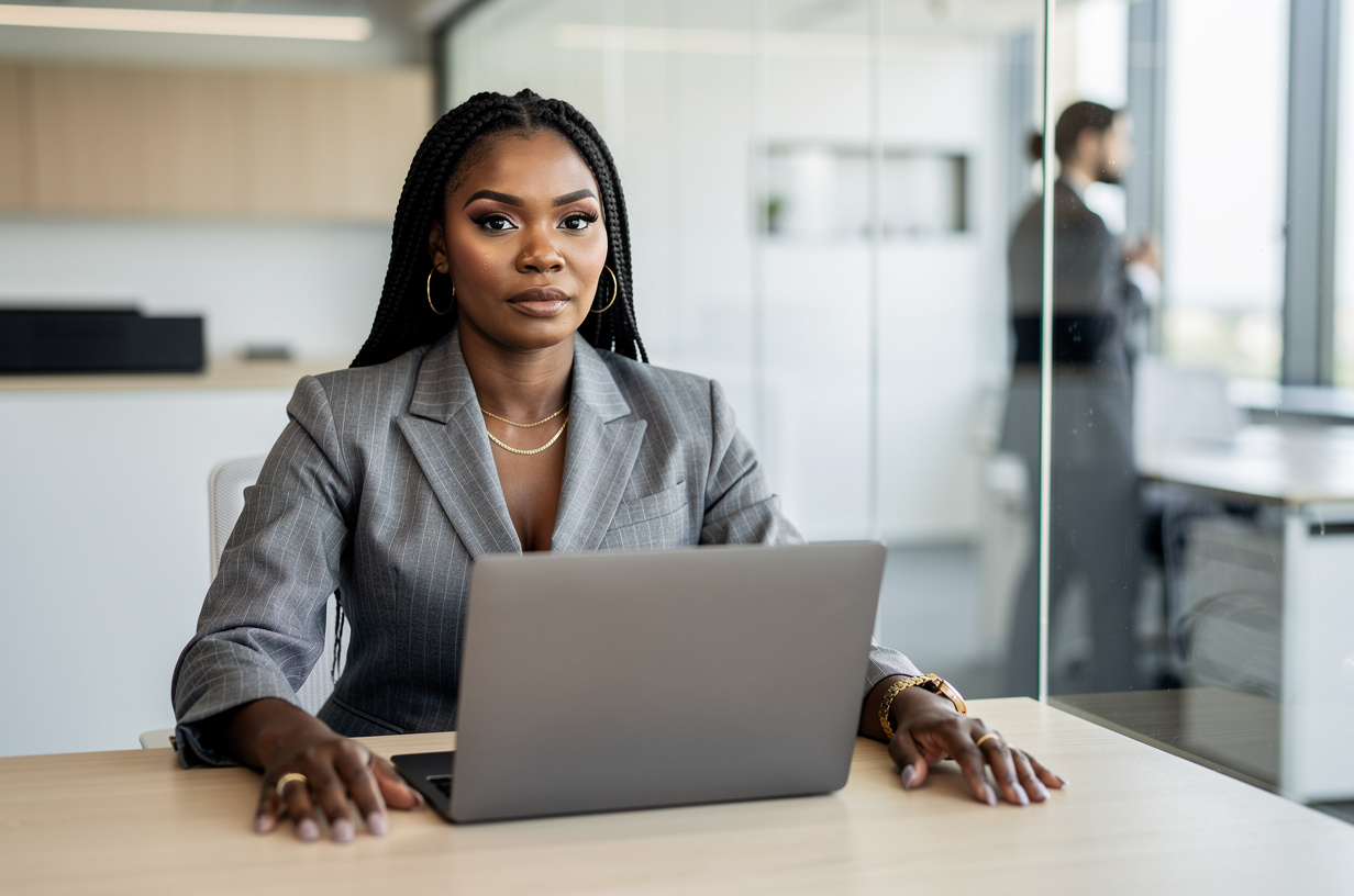 A Black woman in a tailored grey pinstripe suit seated very upright at a desk in a bright modern office, shoulders lifted and still, both hands resting tense and flat on either side of a closed plain matte laptop, a composed but guarded expression, her eyes on a colleague passing by the glass wall, softly out of focus.