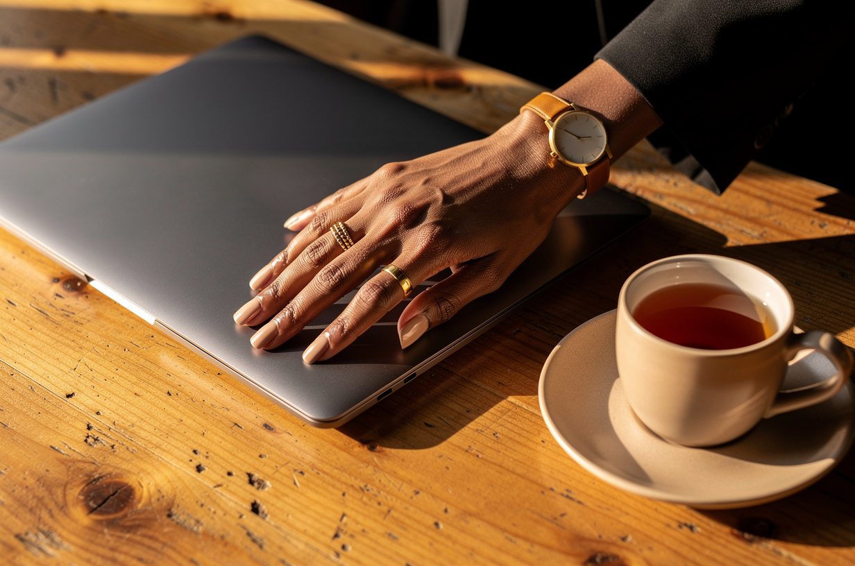 A Black woman's hand with a considered manicure closing a laptop lid gently after finishing something, a half-finished cup of tea beside it, calm satisfaction rather than triumph.