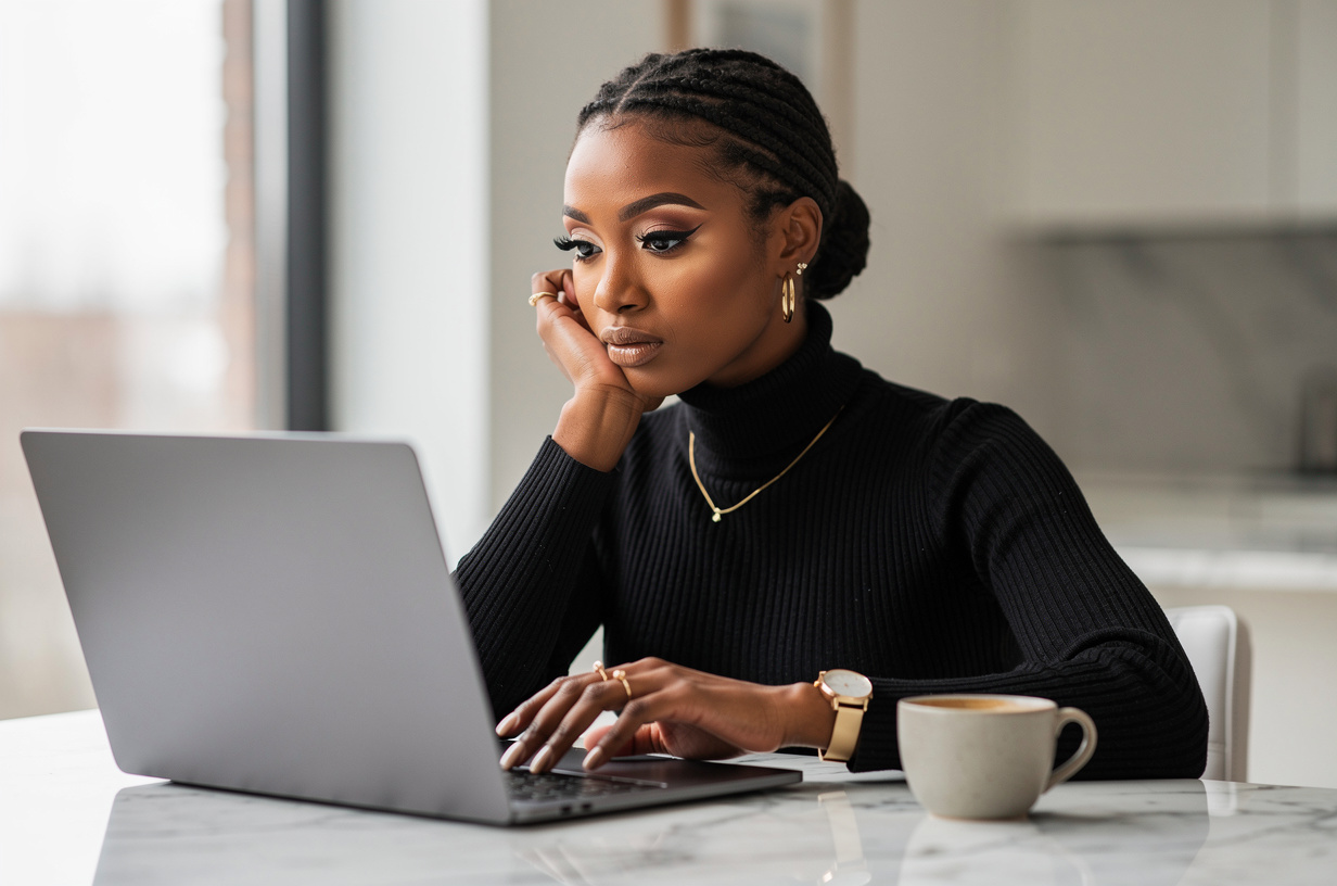 A Black woman in a black turtleneck seated at a marble table late in the morning, chin propped on one hand, scrolling on an open laptop with a tired, glazed expression, her eyes on the laptop and a cup of coffee gone cold beside her.