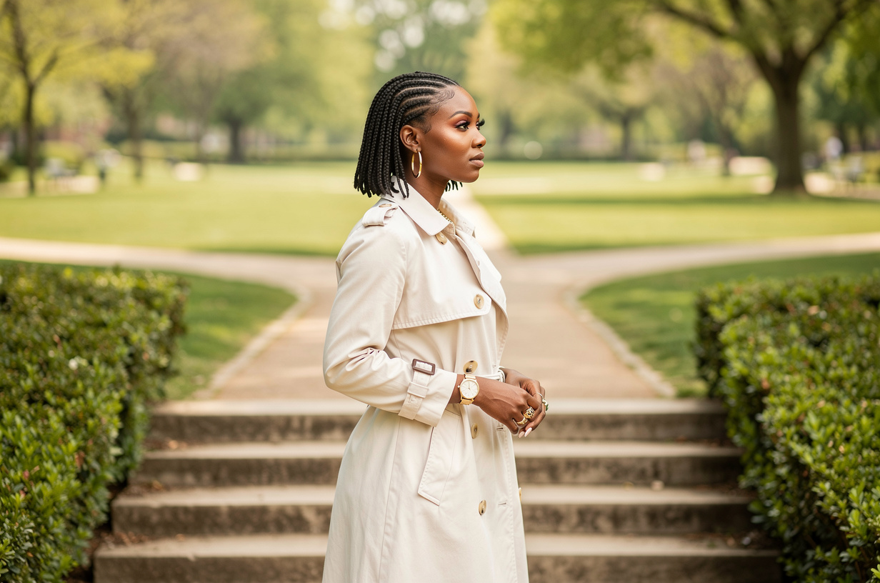 A Black woman in a cream trench coat standing at the top of a wide stone stairway that divides into three paths through a green park, pausing to look out over all of them, seen from slightly to one side with her eyes on the paths ahead.