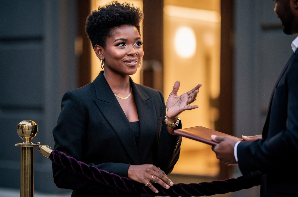 A Black woman in a sharply tailored black blazer standing at a velvet rope outside a softly lit doorway in the evening, one hand lifted mid-question with a wry, patient half-smile, her eyes on a doorman whose arm holds a closed leather guest book at the edge of the frame.
