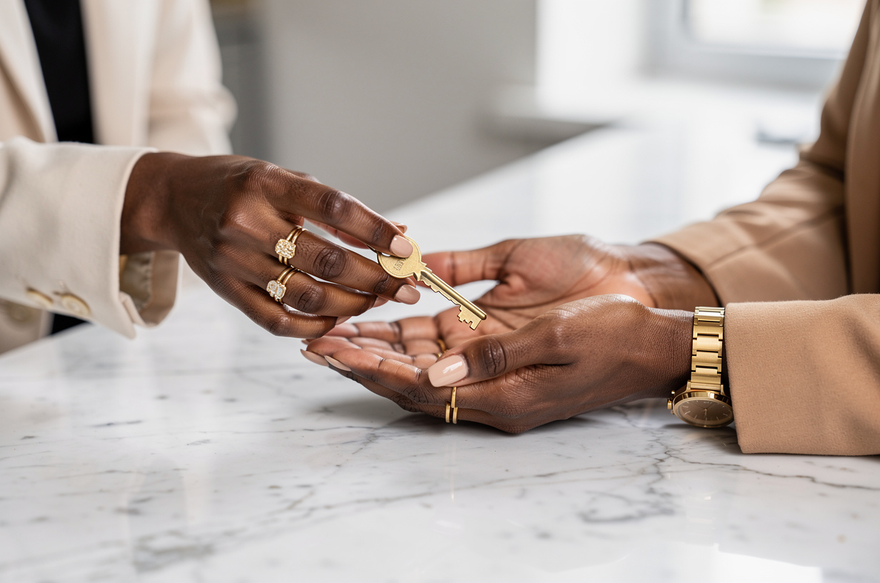 A Black woman's hand setting a single brass key into the open palm of another Black woman's hand across a marble counter, an easy, trusting exchange.