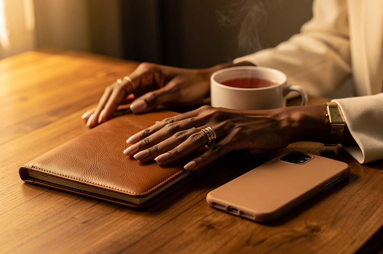 Of a Black woman's hands at a warm wood table on a quiet Sunday evening, one hand resting on a closed leather planner, the other resting beside a cup of tea and a phone in a smooth plain tan leather case lying face-down. Her hands are styled luxury-chic and polished: a fresh glossy neutral manicure, stacked gold rings, a slim gold watch at the wrist, and the cuff of a crisp cream blazer at the edge of the frame. Low golden window light, real texture in wood grain, leather and ceramic.