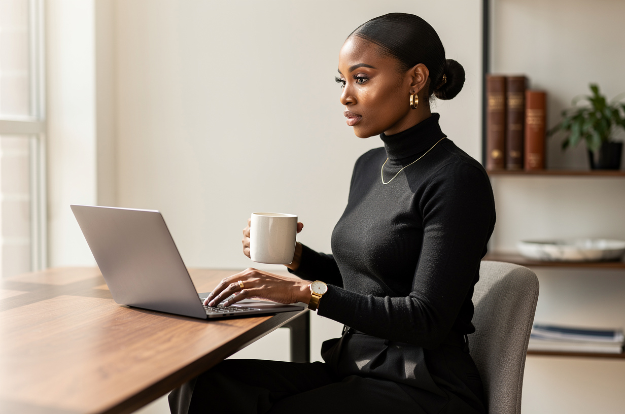 A Black woman in a black turtleneck and black wide-leg trousers seated at a warm wood desk in a bright studio office, a plain matte unbranded laptop open in front of her with its screen angled toward her and its plain unmarked back to the camera, one hand resting on the trackpad and the other wrapped round a plain unmarked ceramic mug, her shoulders down and her expression settled and unhurried, her eyes on the laptop.