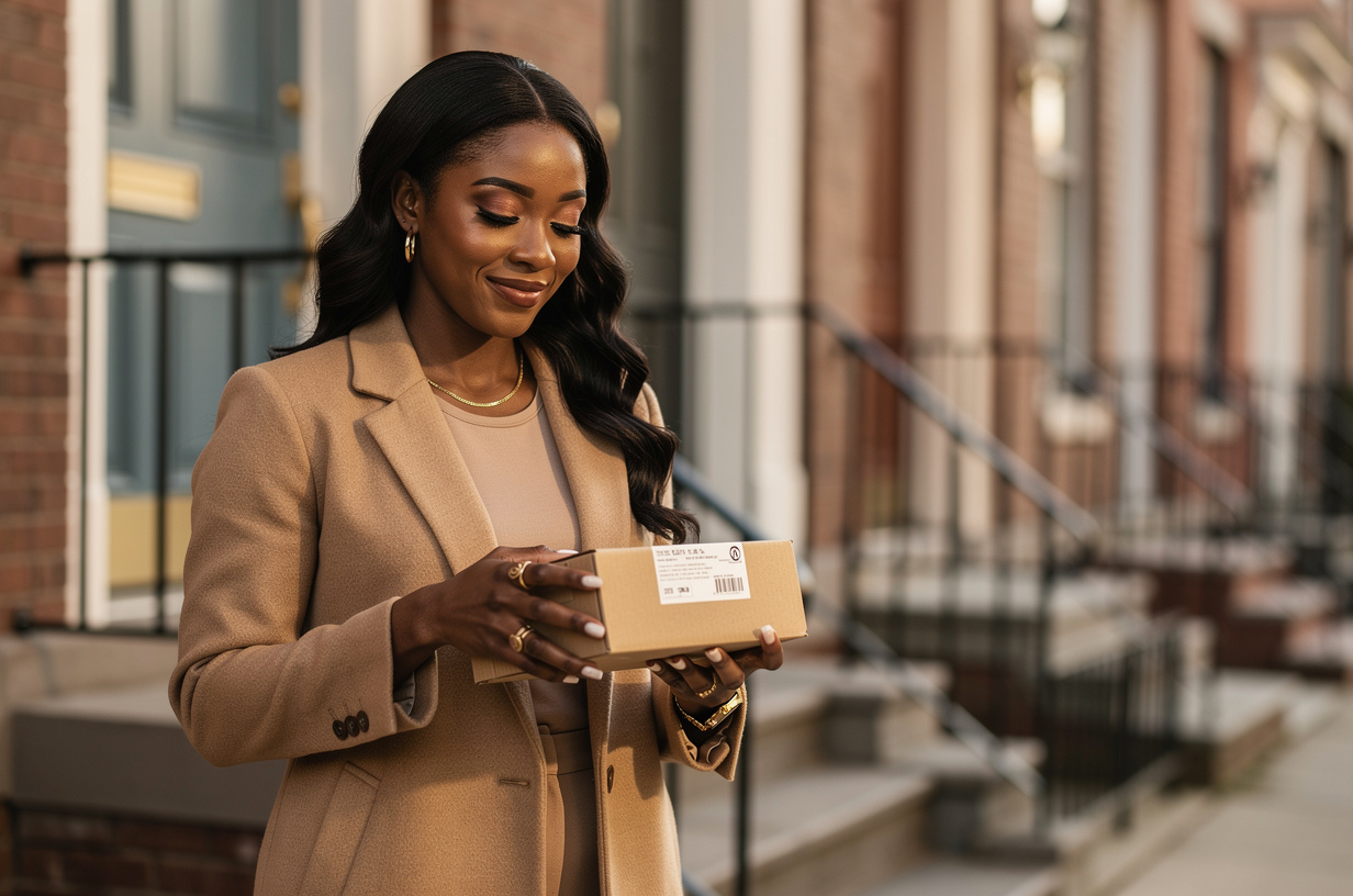 Of a Black woman in a camel coat standing on a front step holding a delivered parcel, reading the shipping label with a small wry half-smile, a row of townhouse doors softly out of focus along the street. She is styled luxury-chic and polished: long glossy waves with a smooth, finished part, soft glam makeup with defined brows and a glossy neutral lip, gold hoop earrings, a fine gold chain, stacked gold rings, a slim gold watch and a fresh neutral manicure.