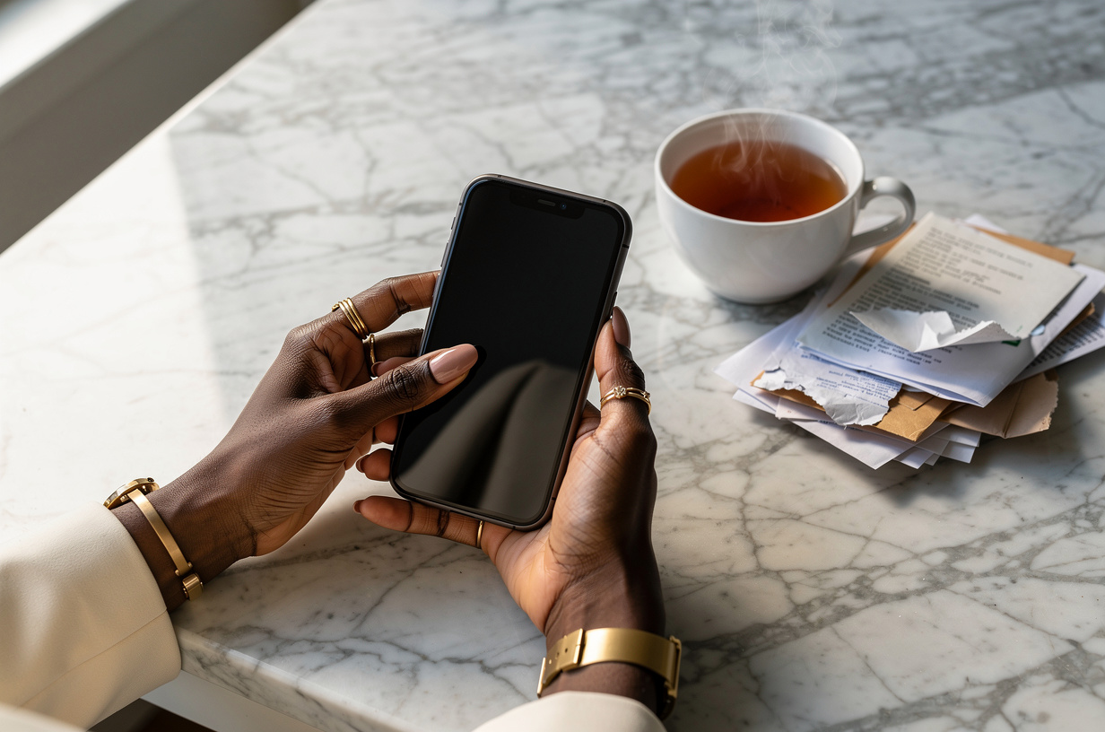 Of a Black woman's hands holding a plain matte phone over a marble counter, thumb resting lightly on the screen, a cup of tea and a small stack of opened mail beside her, calm and unhurried. Her hands are styled luxury-chic and polished: a fresh glossy neutral manicure, stacked gold rings, a slim gold watch at the wrist, and the cuff of a crisp cream blazer at the edge of the frame. Soft morning window light, real texture in marble, ceramic and paper.