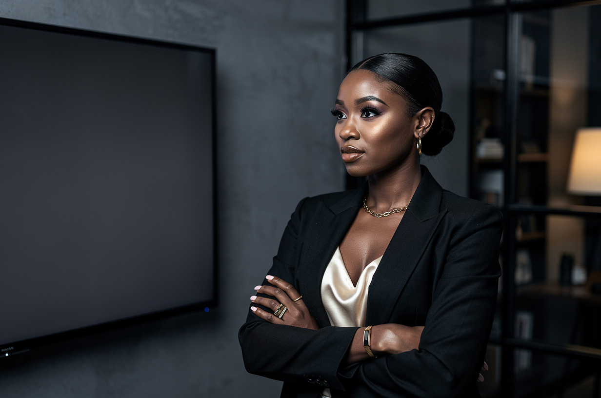 A Black woman in a black blazer over a cream silk top standing at a large wall-mounted screen in a dark modern studio office, arms folded, studying it with a slightly skeptical, thinking expression, her eyes on the screen. The screen faces away from the camera so no text, figures or interface is visible to the viewer, its plain back and dark bezel toward us.