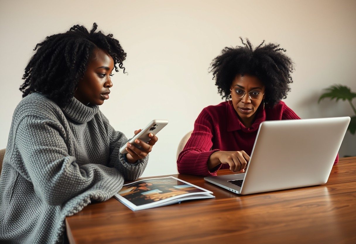 The fix, not the failure: two Black women at a shared table, one holding an old unbranded phone while the other points at a laptop screen, collaborating calmly to move photos into one place. Warm afternoon light, real texture in wool and wood grain.