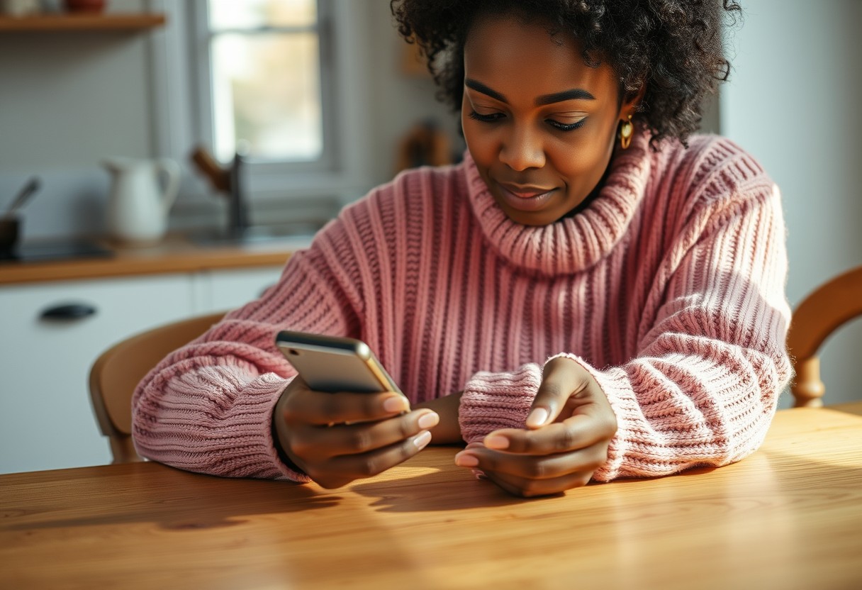 A Black woman in a rose knit sweater scrolling through an unbranded phone's photo gallery at a warm kitchen table, brow slightly furrowed as she searches for one specific photo among many. Soft natural daylight, real texture in knit and wood.