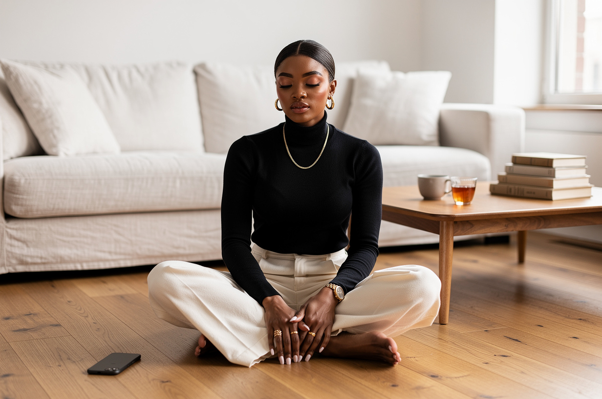 A Black woman in a black turtleneck and cream wide-leg trousers seated cross-legged on a warm wood floor in a bright minimal living room, a plain matte phone lying face down on the floor beside her, her hands resting on her knees, eyes closed, a calm settled expression, a low wood coffee table with a ceramic cup of tea and a small stack of books in front of her.