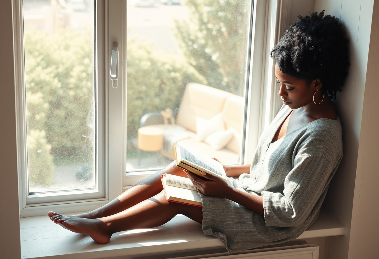 The fix, not the failure: a Black woman sitting on a sunlit windowsill with an unbranded phone face-down beside her, reading a physical book instead, calm and unhurried. Soft natural daylight, real texture in linen and painted wood.