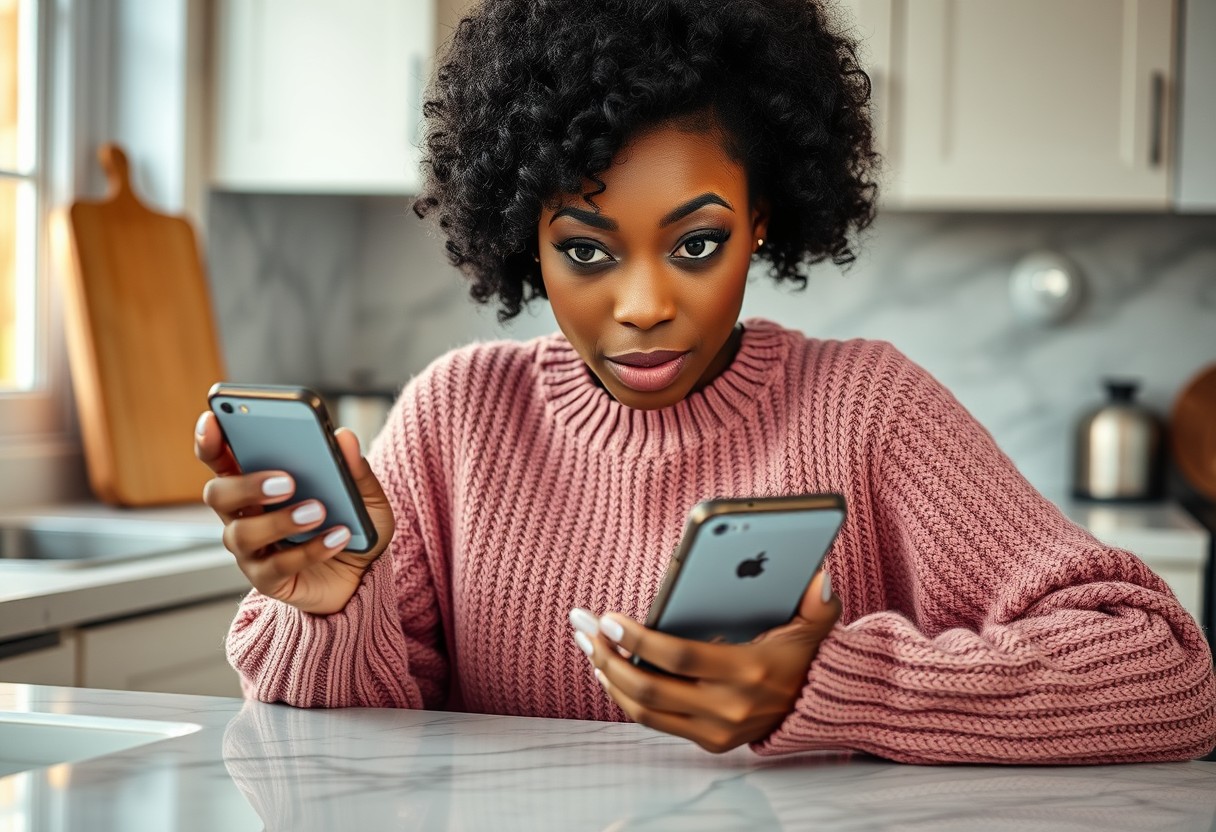 A Black woman in a soft rose knit sweater glancing at an unbranded phone's weekly summary screen at her kitchen counter, expression a mix of surprise and wry amusement rather than shame. Warm morning light, real texture in knit and marble.