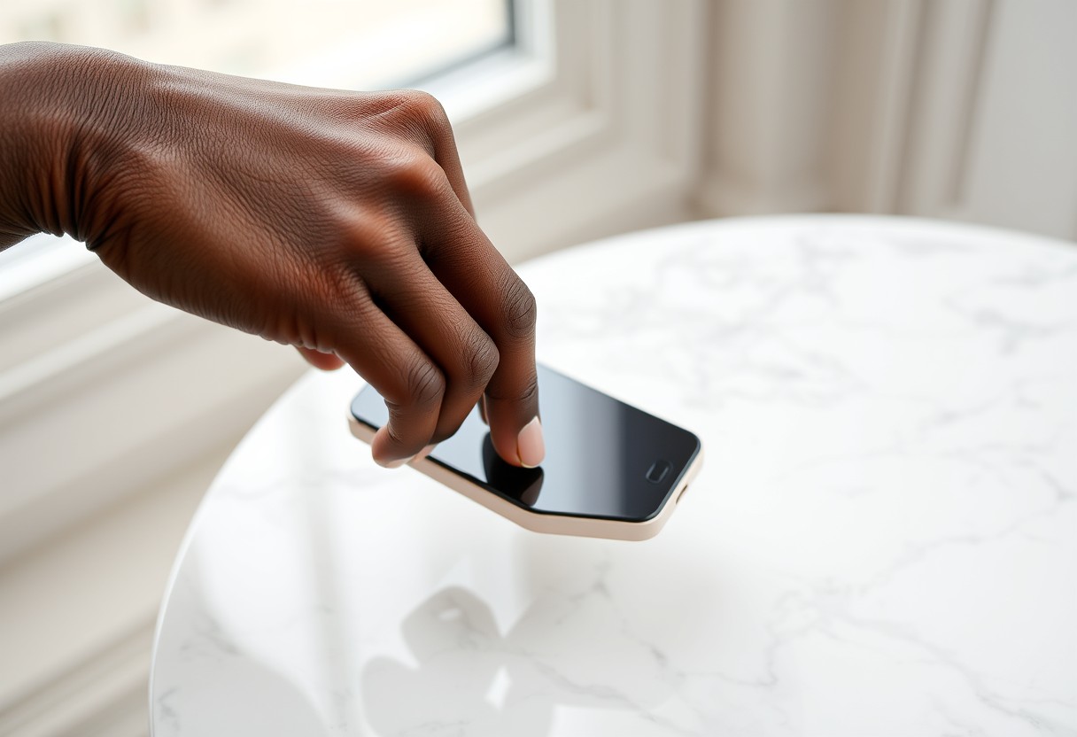 A Black woman's hand swiping through a phone with a small focused smile, a marble table beneath, entirely at ease. Natural window light, real texture in skin and marble.