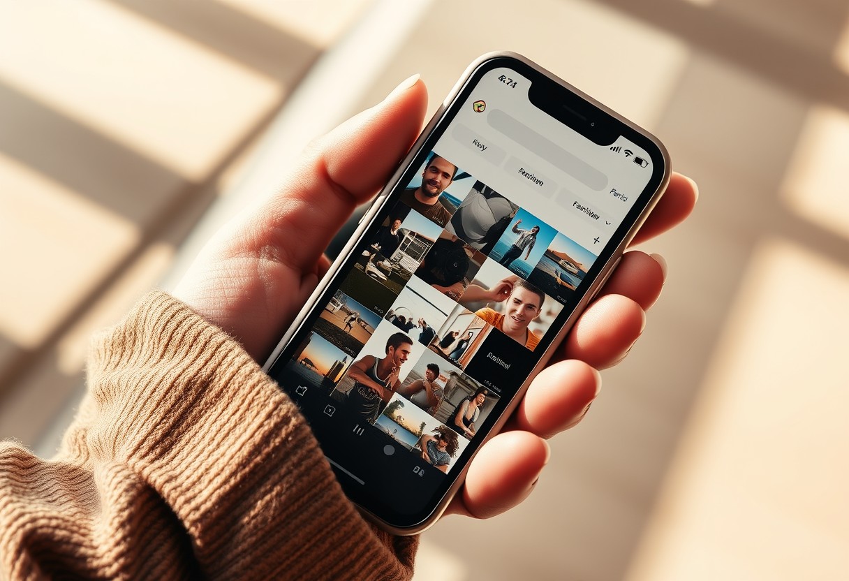 A phone screen showing a camera roll grid dense with uncategorized screenshots, held loosely in frame, no faces or brands visible on any thumbnail. Warm daylight, real texture in fabric sleeve and glass.