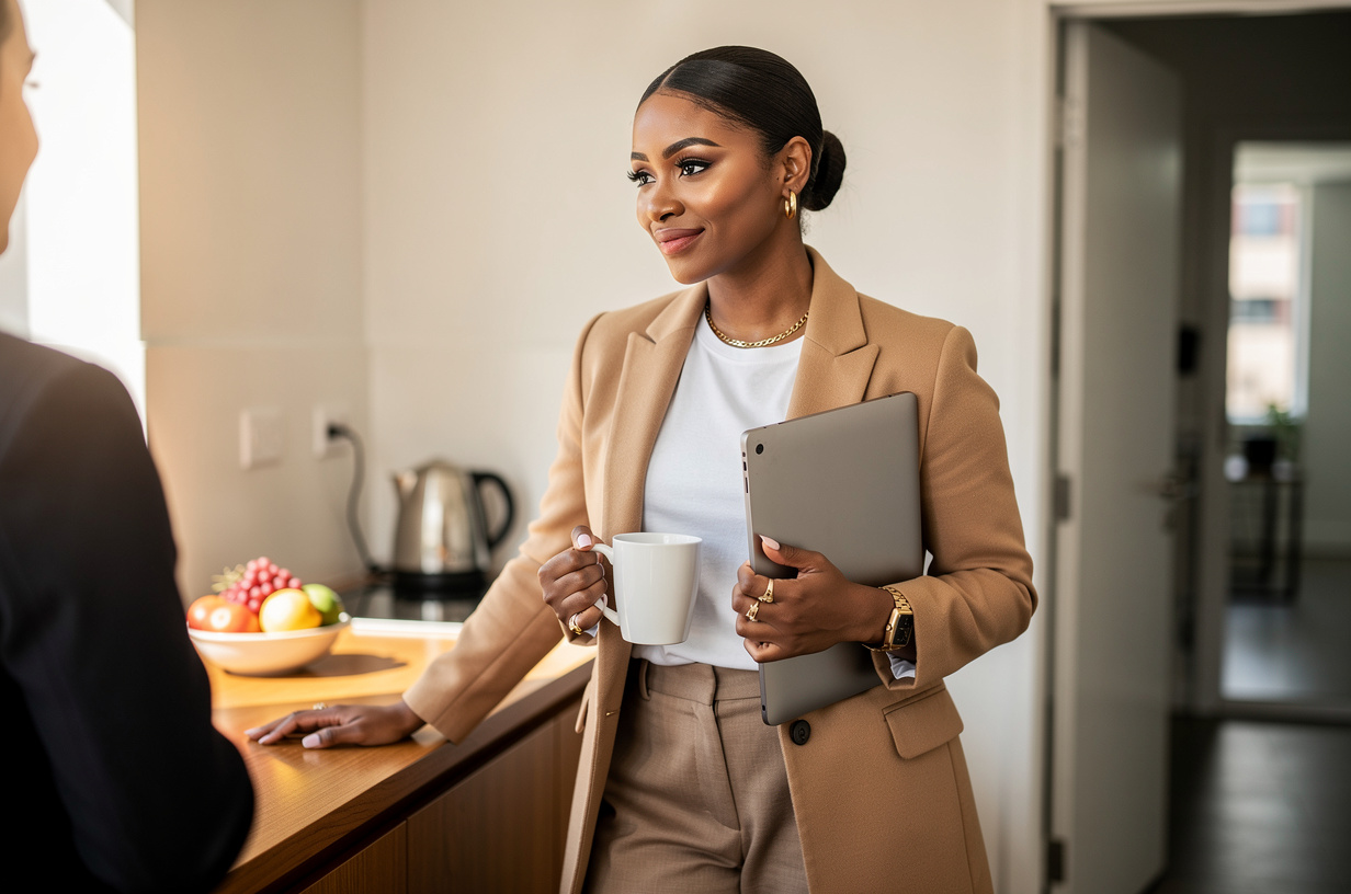 A Black woman in a camel blazer over a white tee standing in a bright modern studio office kitchen alcove beside a warm wood counter, a plain matte unbranded laptop closed under one arm and a plain unmarked ceramic mug in her other hand, relaxed and mid-stride, her expression light and unforced, her eyes turned toward a colleague out of frame.