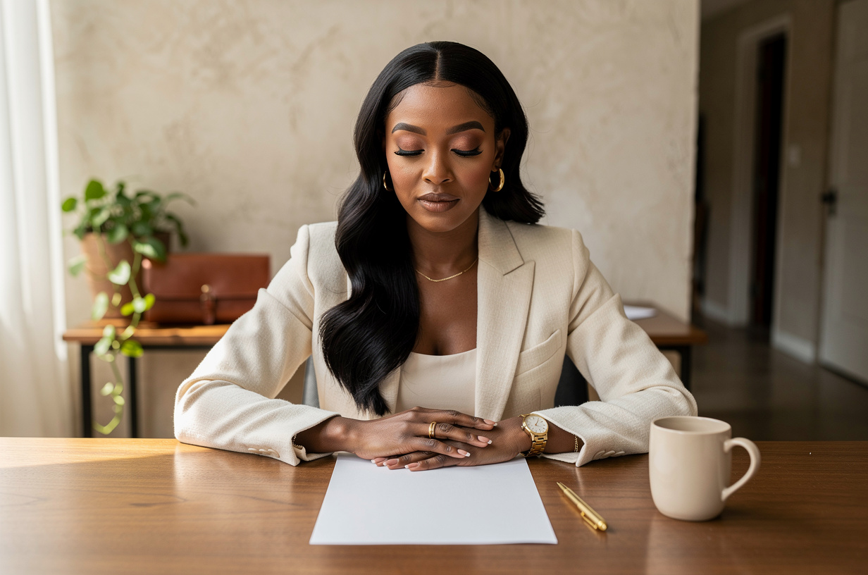A Black woman in a cream tailored suit seated at a warm wood desk in a calm bright studio office, a single plain unmarked sheet of paper flat under both hands, a slim gold pen laid down beside it and a plain unmarked ceramic mug at the edge of the desk, her expression concentrated and slightly rueful, her eyes on the page.
