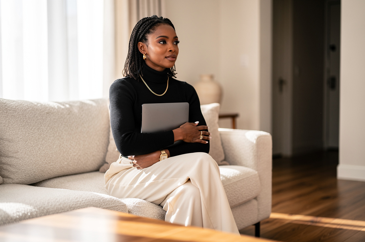 A Black woman in a black turtleneck and cream wide-leg trousers perched on the very edge of a sofa in a sunlit living room in mid-afternoon, back straight and shoulders tense, a closed plain matte laptop held against her chest with both arms, her eyes turned toward the hallway as if listening for someone.