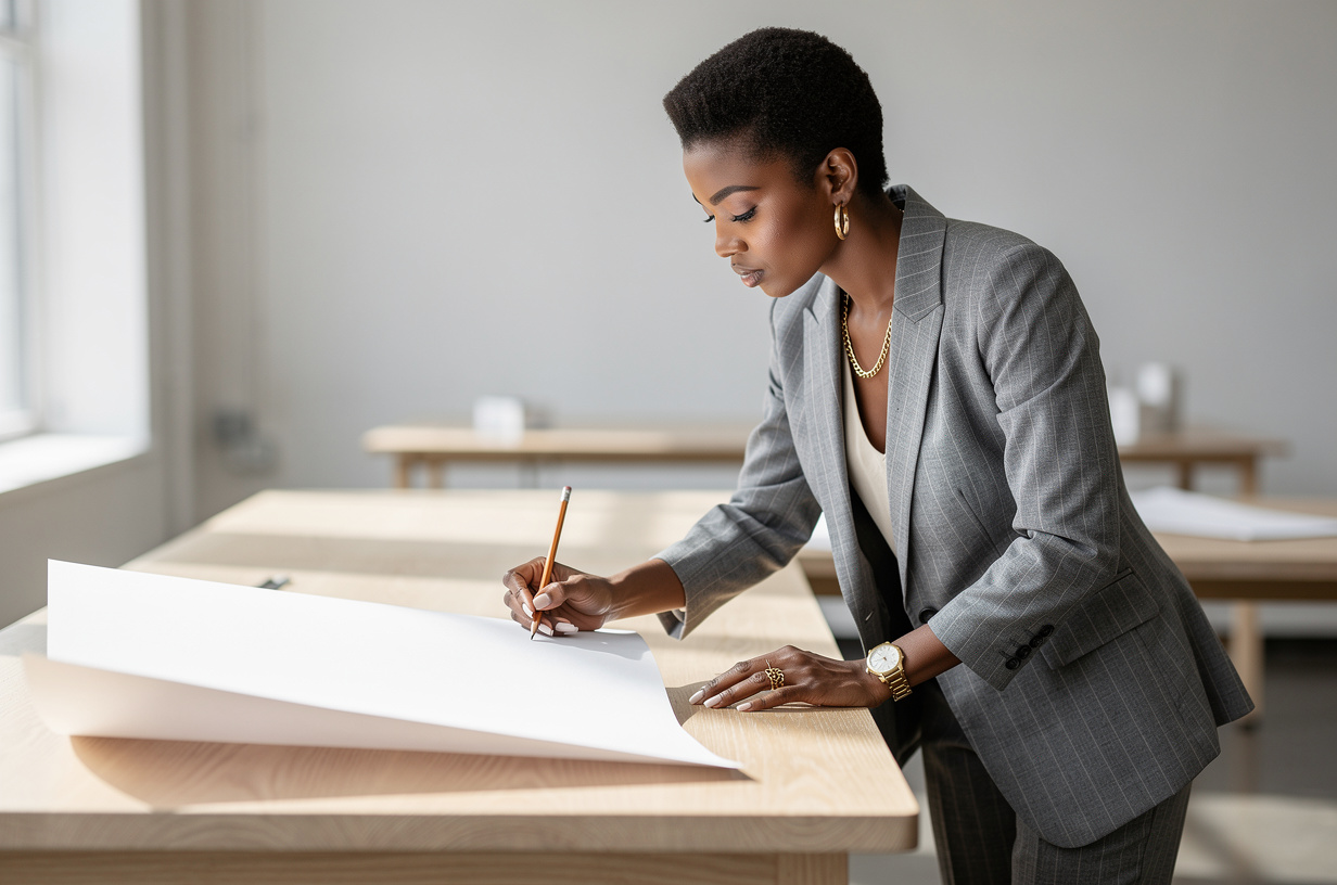 A Black woman in a tailored grey pinstripe suit standing at a tall worktable, leaning over one large sheet of paper with a pencil in her hand, her eyes on the page and her expression calm and concentrated, the sheet angled away from the camera.