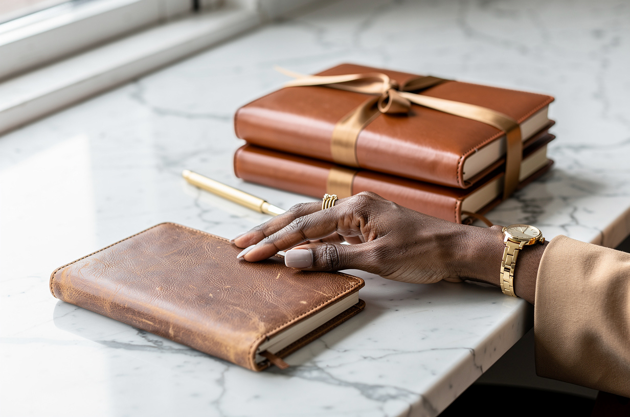 Two pristine leather planners stacked neatly and still tied with ribbon at the edge of a marble desk, while a Black woman's hand rests on a single well-worn notebook in front of them, a gold pen lying beside it.
