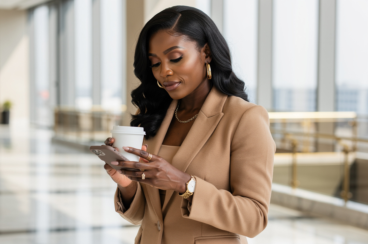 A Black woman in a tailored camel blazer walking through a bright office lobby with a coffee cup in one hand, glancing down at a plain matte phone in her other hand with a knowing, slightly weary expression, her eyes on the phone and her thumb about to brush something away.