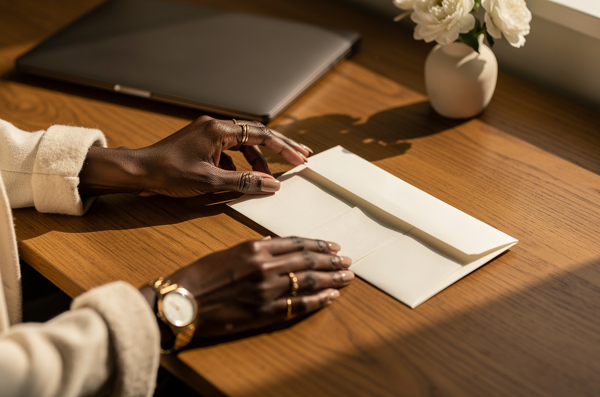 A Black woman's hands setting three sealed plain envelopes in a neat row on a warm wood desk, a tailored cream wool cuff at her wrist, stacked gold rings, a slim gold watch and a fresh glossy neutral manicure.
