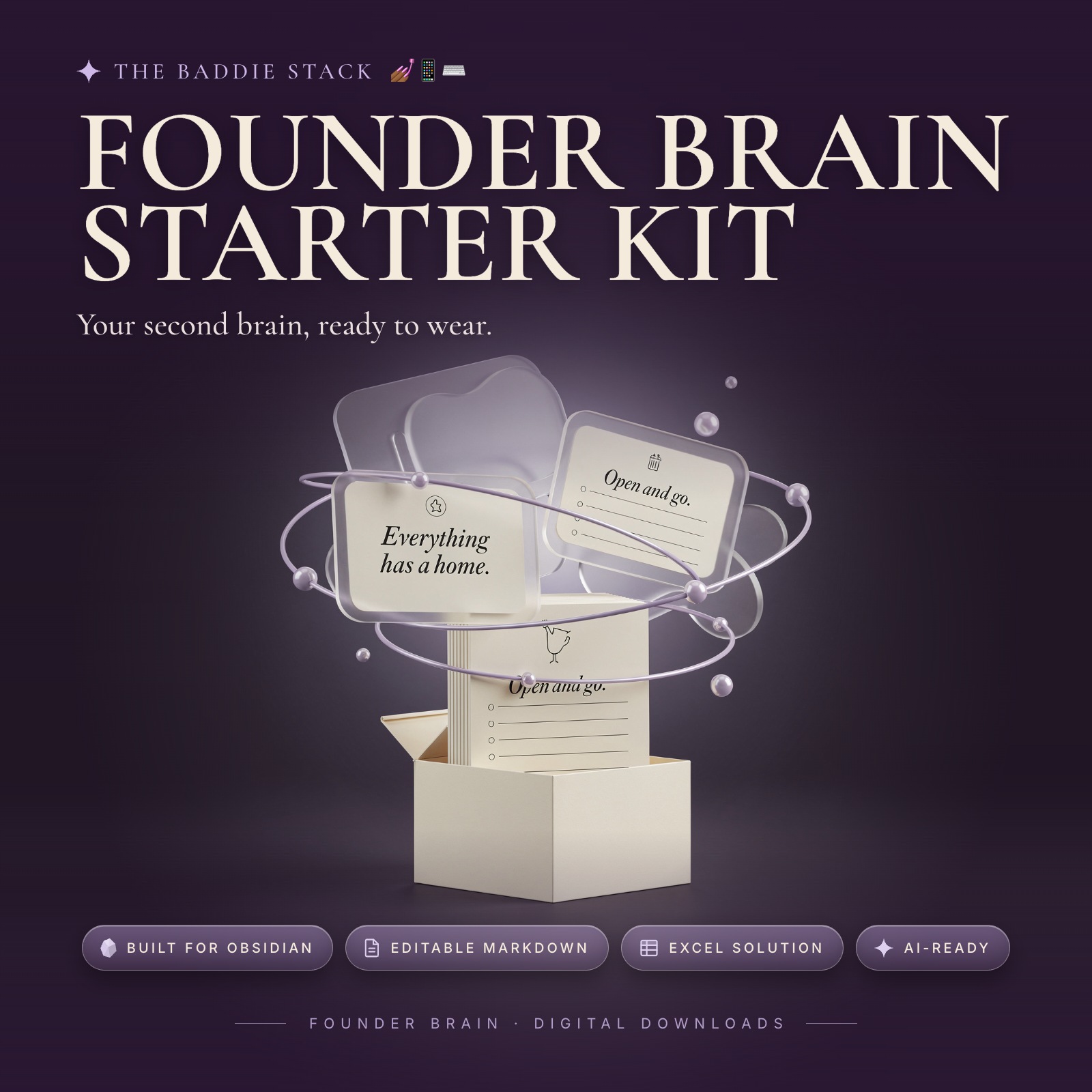 Founder Brain Starter Kit cover in plum, lilac and warm ivory, with Built for Obsidian, Editable Markdown, Excel Solution and AI-Ready badges.